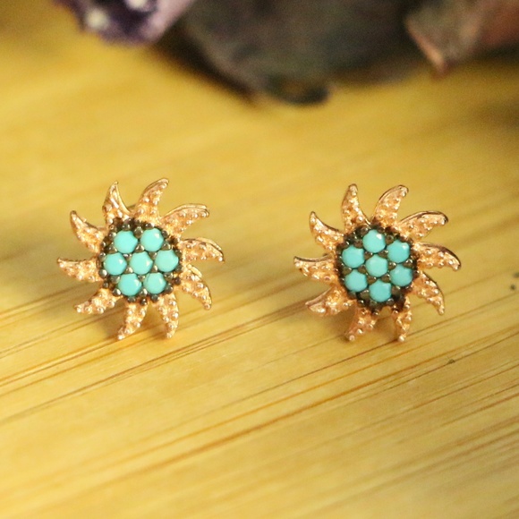 925 Sterling Silver sun Earrings with Turquoise - Picture 2 of 8